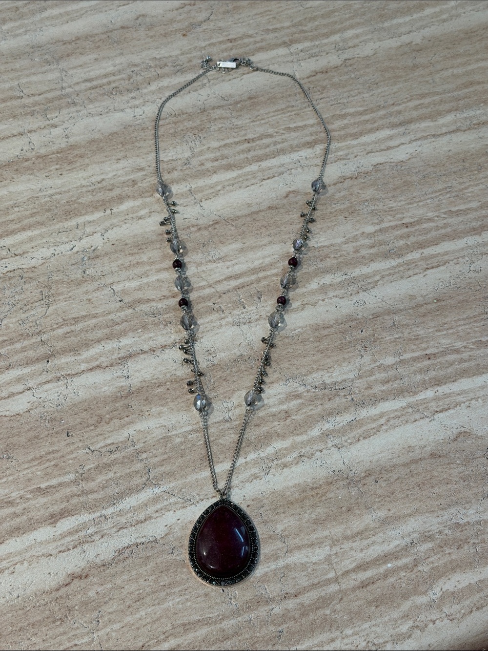 White House Black Market Silver-Tone Necklace with Deep Wine Teardrop Pendant